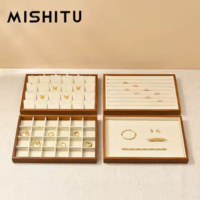 MISHITU Solid Wood Jewelry Display Tray Beige&Dark Gray Ring Necklace Earring Bracelet Organizer for Shop Cabinet Exhibition