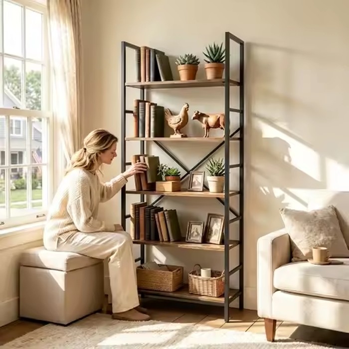 Bookshelf 5＆6 Tier Industrial Rustic Wood Bookcase Open Storage Shelving Unit Black Metal Frame Freestanding Display Rack Multipurpose Storage Organizer for Bedroom Living Room Office Kitchen Plant Decor
