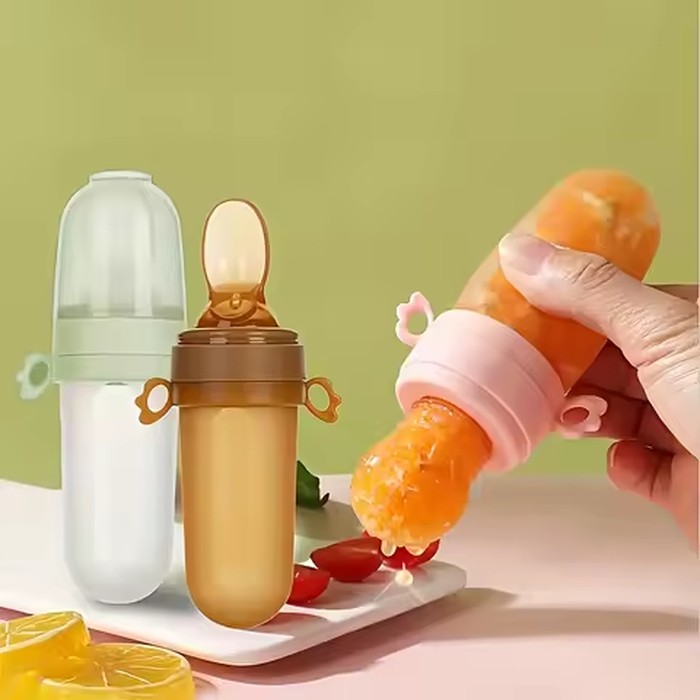 4pcs Baby Feeding Set: 1pc Silicone Spoon Feeder Bottle with Handle, 3-Size Mesh Bags-S, M, L. Baby Bottle, Feeding Bottle Set