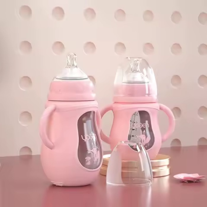 Wide Neck Glass Baby Bottle with Silicone Sleeve & Anti-Colic Straw Nipple – BPA-Free Newborn Feeding Set for Weaning Transition