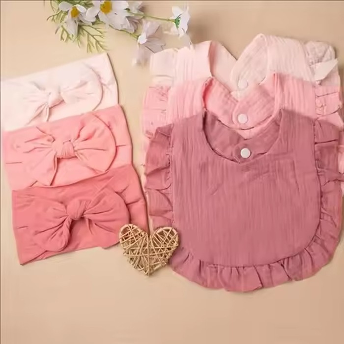 6Pcs/Lot Ribbed Baby Bibs Hair Bows Headbands for Baby Boys Girls Ruffled Flower Saliva Towel Feeding Burp Cloth Scarf Headwear