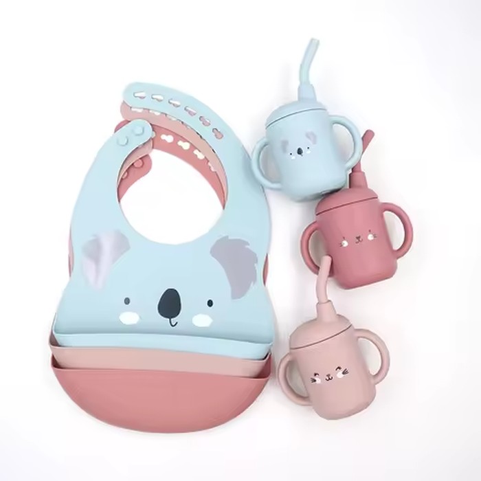 Waterproof Drool Baby Toddler Silicone Teethers Baberos Baby Silicone Bib Set Cartoon Baby Cups
