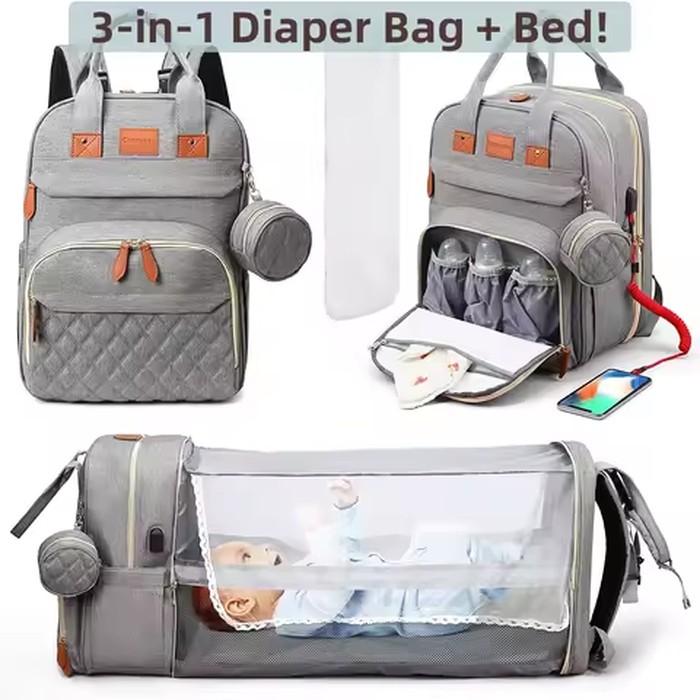 3 In 1 Diaper Bag Backpack Foldable Baby Bed Waterproof Travel Bag with USB Charge Diaper Bag Backpack with Changing Bed 3 types