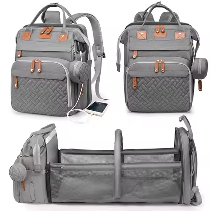 LargeCapacity Waterproof Diaper Bag Backpack with Changing Table, USB Port, Foldable Bed, Gray, Baby Shower Gift for Mom and Dad