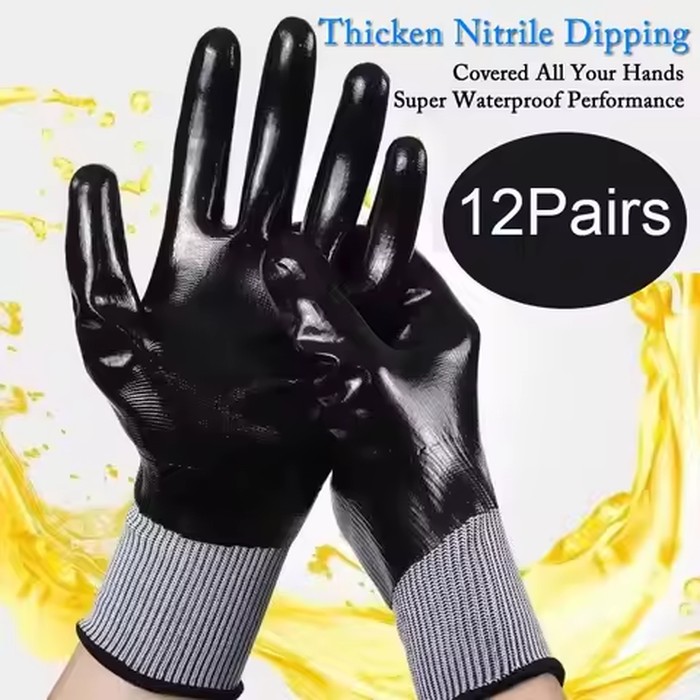12pair Anti-Slip Blue/Black Nitrile Fishing Repairing Coated Waterproof Safety Oil/Resistant For Garden Water Work Gloves
