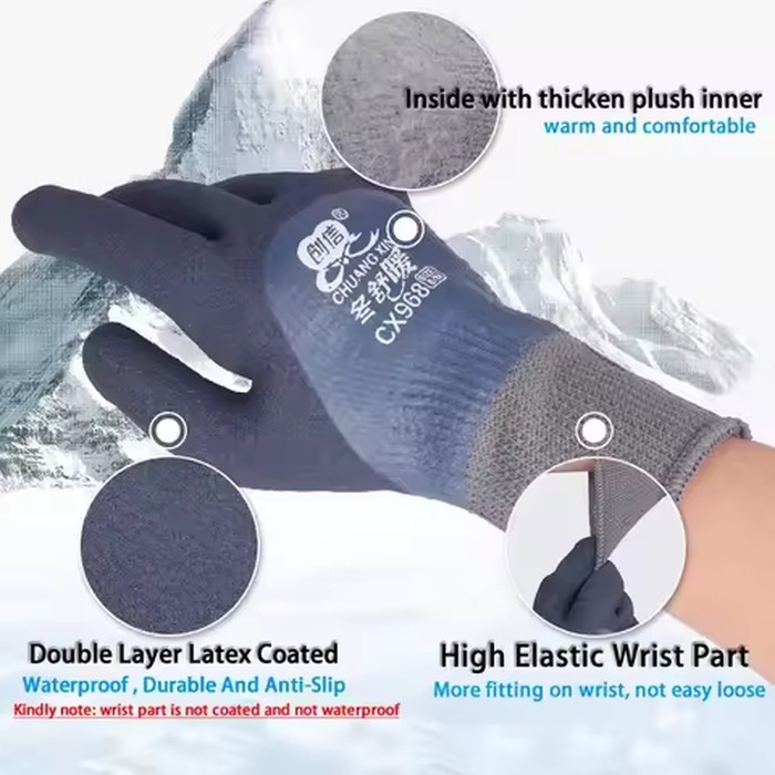Anti-Slip Waterproof Winter Thermal Work Gloves For Fishing Garden Repairing Work Safety Warm Gloves Double Latex Coated Gloves