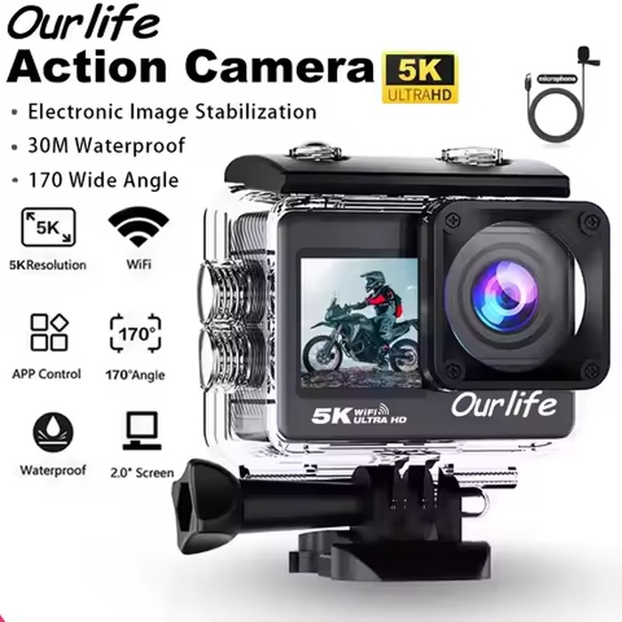 Ourlife 5K Action Camera 4K60FPS 2.0 Inch Touch Screen WiFi 170° Wide Angle 30M Waterproof Bicycle Motorcycles Sports Cameras