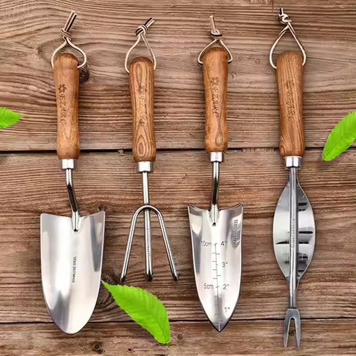 4pcs/set Heavy-duty Garden Tool,Durable Stainless Steel And A Sturdy Wooden Handle. Includes Hand Shovel, Trowel, Garden Rake