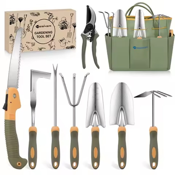 Gardening Tools 9-Piece Heavy Duty Garden Tool Set Gardening Supplies Gifts for Women Men Gardening Hand Tool Kit w Non-Slip Ergonomic Rubber Handle, Durable Garden Bag, Pruning Shears