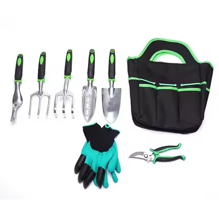 8-Piece Aluminum Alloy Garden Tool Set Lightweight Durable Trowel+Rake+ Gloves Kit for Planting/Weeding/Landscaping