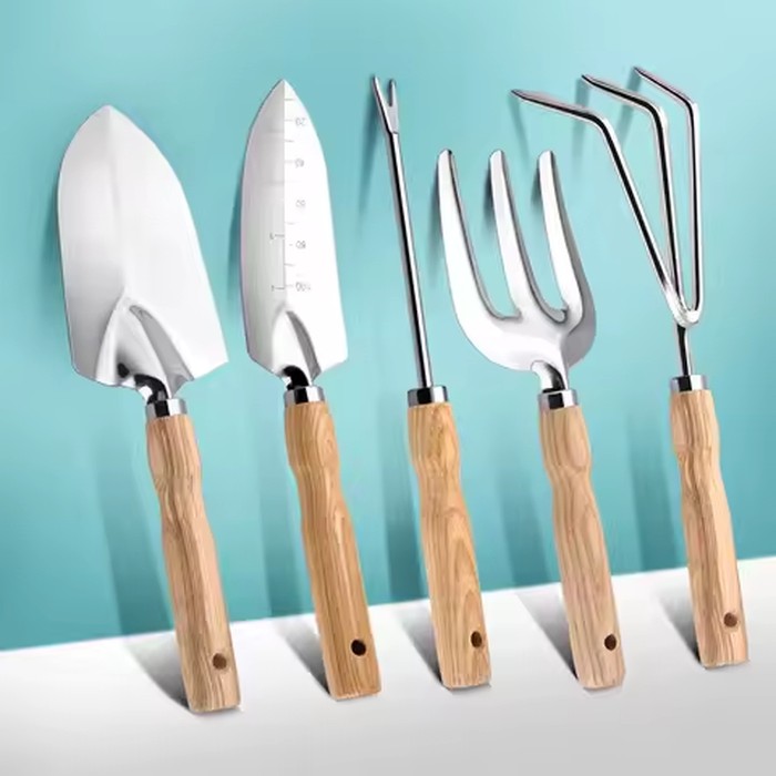Professional 5 Piece Gardening Tools Set Stainless Steel Ergonomic Root Picker Rake for Pots Beds Containers Outdoor Kit