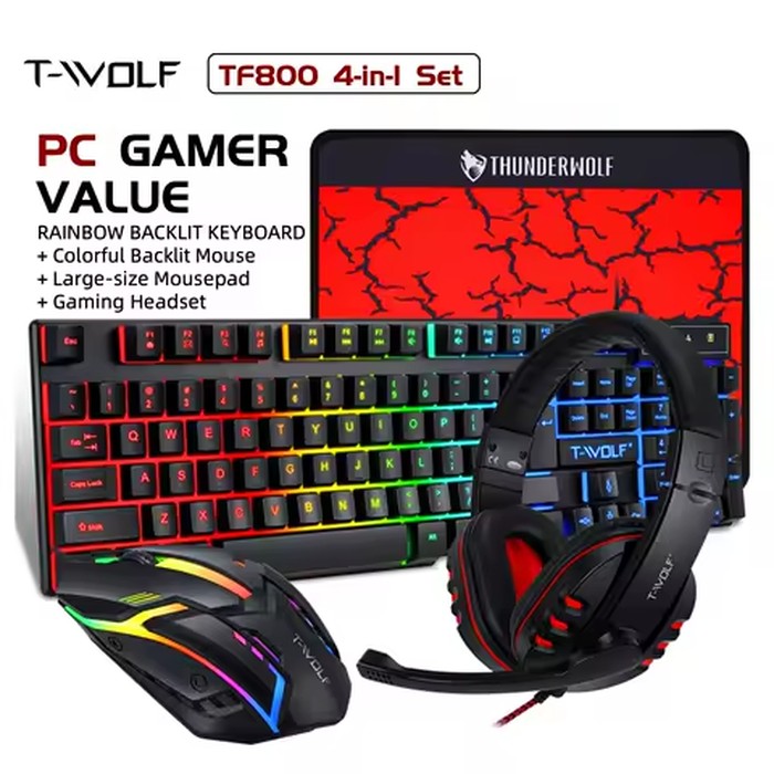 T-WOLF RGB Gaming Keyboard Mouse Headset Mousepad 4 in 1 Combo Wired Mechanical Feel LED Backlit Set for PC Desktop Laptop Gift