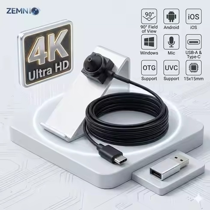 8MP 4K/2MP 1080P Mini Webcam 3.7mm Lens 90°, USB Camera with Mic, OTG, 15x15mm Size, UVC Plug & Play for IOS/Android/Windows