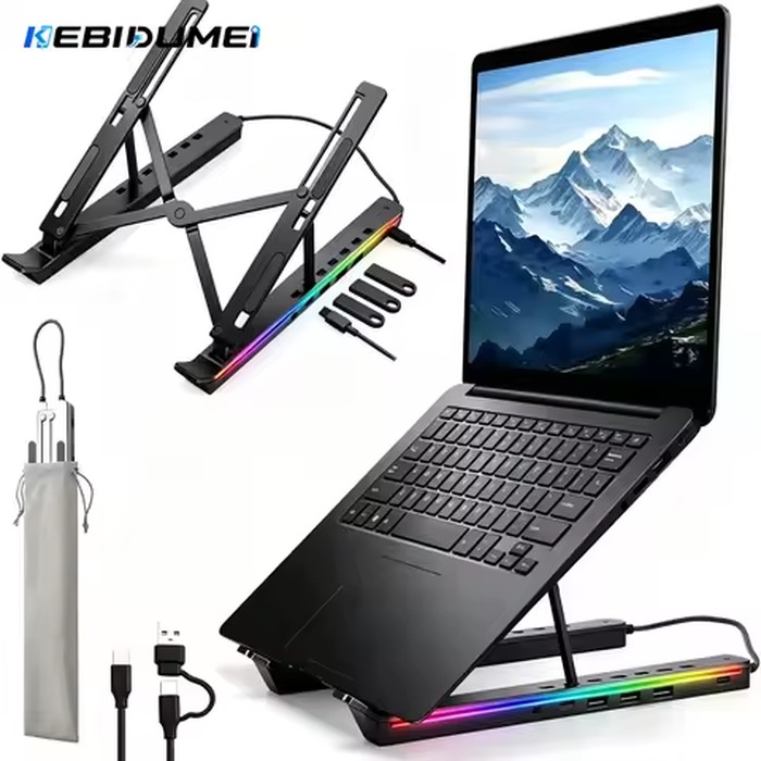 KEBIDUMEI 4IN1 USB RGB Stand Foldable Laptop Stand Portable Notebook Bracket Support Base Aluminum Alloy Holder For Macbook PC