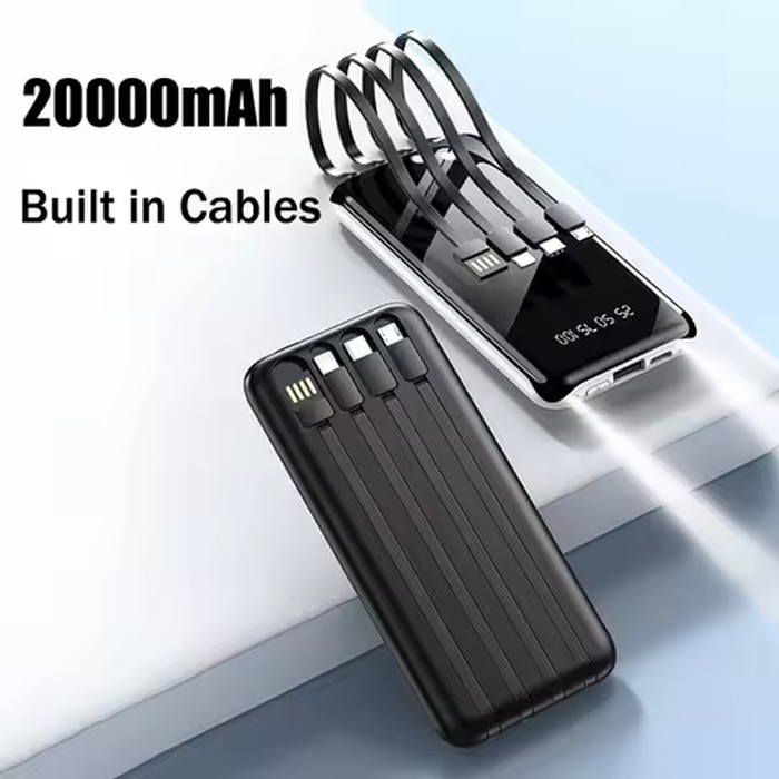 New 20000mAh Power Bank External Battery Built in Cables Fast Charging Portable Charger for IPhone Samsung Pixel Poco Powerbank