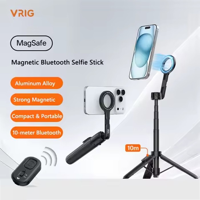 VIRG Dual-side Magnetic Selfie Stick Tripod Bluetooth Remote Phone Tripod Magsafe Stand for iPhone 17 16 Android with Cold Shoe