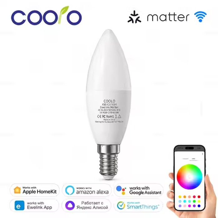 Matter WiFi E14 Smart LED Light Bulb Dimmable 16 Million RGB W+C 5W Candle Lamp Works With Ewelink Apple Home Alexa Google Alice