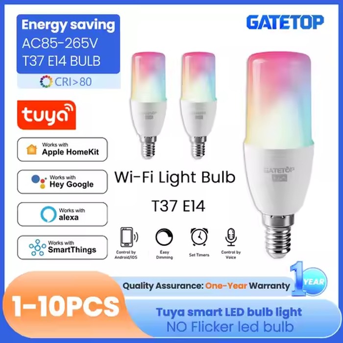 1-10PCS Smart RGB Tuya T37 E14 Wifi Led Bulb Light 6W CW WW Candle Lamp with Alexa Amazon Google Home Yandex Alice Smartthings
