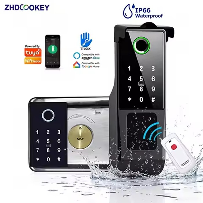 Tuya WiFi Double Side Fingerprint Door Lock IP66 Waterproof Passcode RFID Card Remote App Smart Lock For Outdoor Courtyard Gate