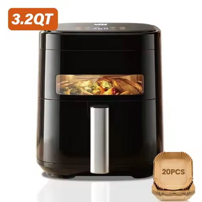 YMS 3.2QT Touchscreen Air Fryer With Visible Window, Black, 8-In-1 Preset Functions, Oil-Free Healthy Cooking, Fast & Easy To Clean, 1200W Compact Small Air Fryer For Singles, Perfect For Apartment Dorm Countertop Use, Air Fryers, Kitchen Accessories
