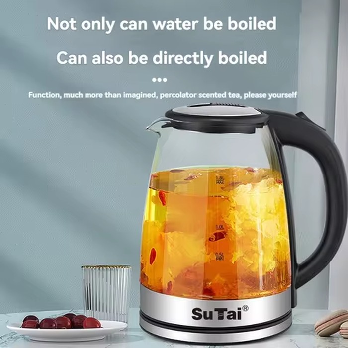 1.8L Electric Water Kettle - 1000W Fast Boil, Clear Borosilicate Glass, Stainless Steel, Filter Spout, Anti-Scald Handle, LED Blue Light, Large Capacity for Family Use