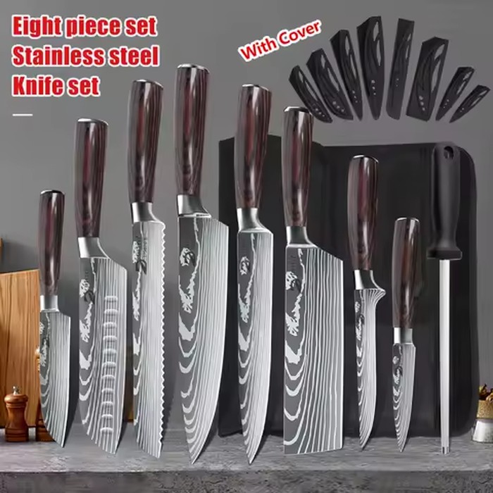 KEPEAK Kitchen Knife Set 7Cr17Mov Stainless Steel Chef Knife Ultra Sharp Santoku Cleaver Utility Knife Cooking Knives Nylon Bag
