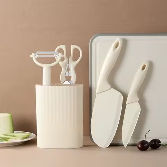 Stainless Steel Kitchen Knife and Scissors Five-Piece Set [Including Knife Holder] Household Fruit Knife, Slicing Knife, Scissors, Melon Peeler, Knife Holder, Complete Home Set