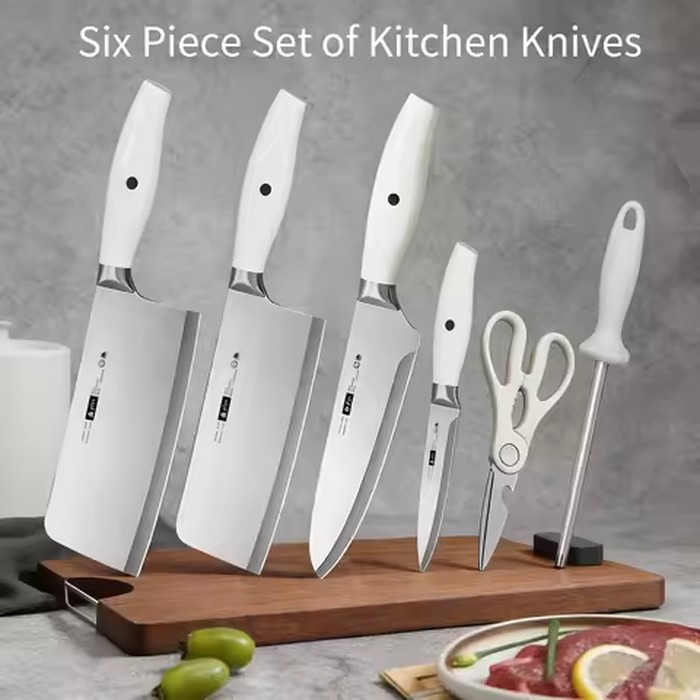 6-Piece Kitchen Knife Set with Sharpener & Storage-Stainless Steel Bone Cleaver, Chef & Fruit Knives,Complete Home Cutting Tools