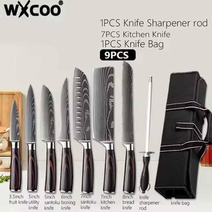 Damascus Steel Japanese Knife Set VG10 Steel Kitchen Knives Meat Cleaver Santoku Slicing Knife with Long Magnetic Knife Block