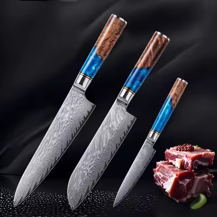Damascus Steel High Carbon 67 Layer VG10 Chef's Knife Blue Resin Wood Handle Kitchen Chef's Knife Three-Piece Set