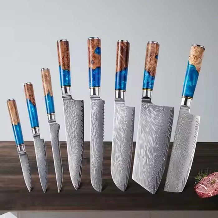 1-8pcs Professional kitchen knife set Damascus Steel Set for Meat Cutting Sushi Peeling and Boning Blue Resin Wood Handle