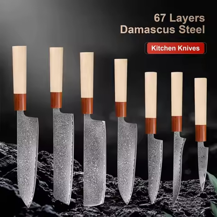 1-7PCS 67 Layer Damascus Steel knife 8 inch chef knife Japanese Cut Meat Kitchen Knife Super sharp kitchen Nakiri Knife