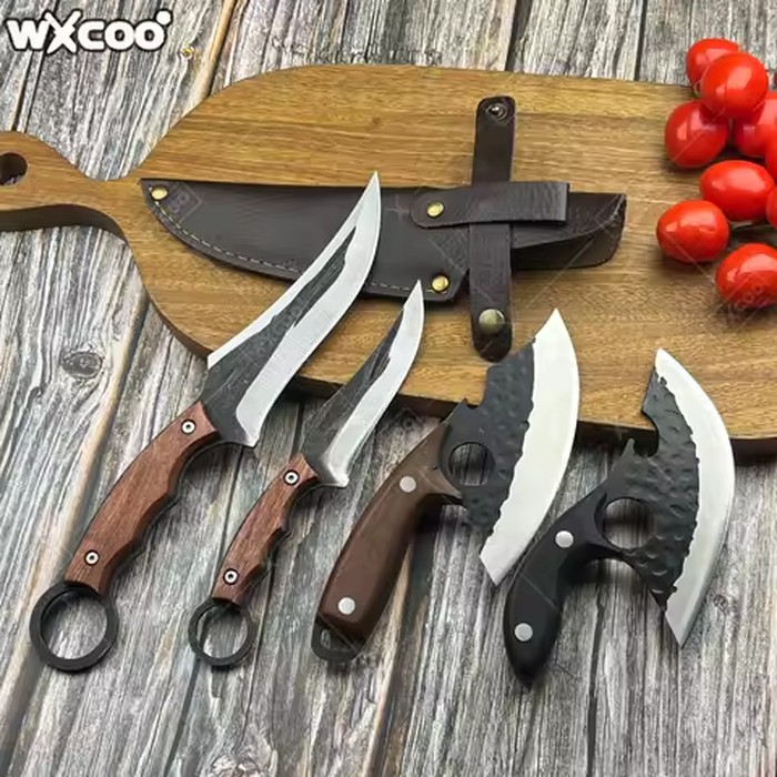 WXCOO Kitchen Knife Set Hand Forged Butcher Knife Meat Cutting Cleaver Multifunctional Bottle Opener Knife with Leather Sheath