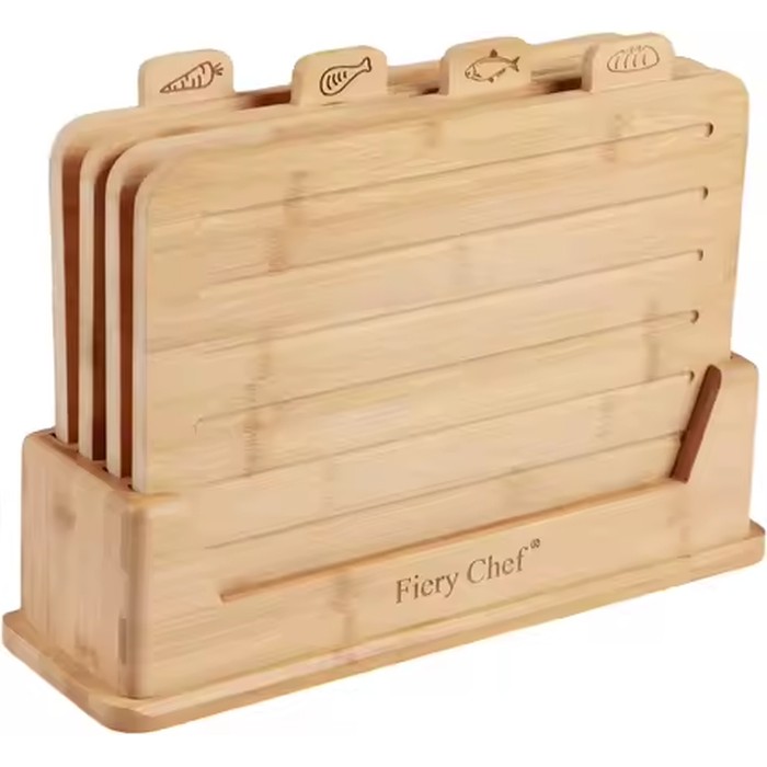 4 Piece Bamboo Cutting Boards Set with Food Icons & Stand, 14.56"L x 11"W