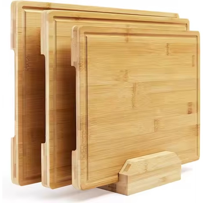 3-Piece Natural Bamboo Cutting Boards Set with Stand | Kitchen Chopping Boards 43x30cm/38x28cm/33x25cm,Deep Juice Grooves,Dishwasher Safe,Knife Friendly