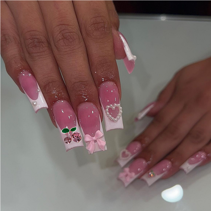 24 PCS Cherry Bow Nail Art, Long Length Long Water Pipe Fake Nails,Square Head Nail Tips False Nail