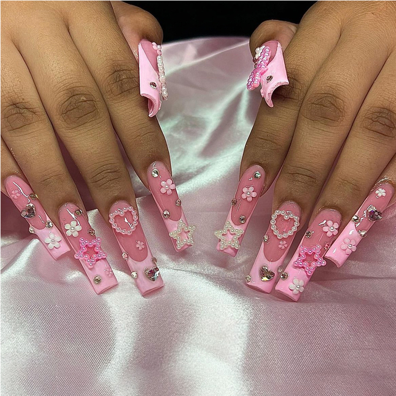 24 PCS Pearl Love Star Nail Art, Long Length Long Water Pipe Fake Nails,Square Head Nail Tips False Nail