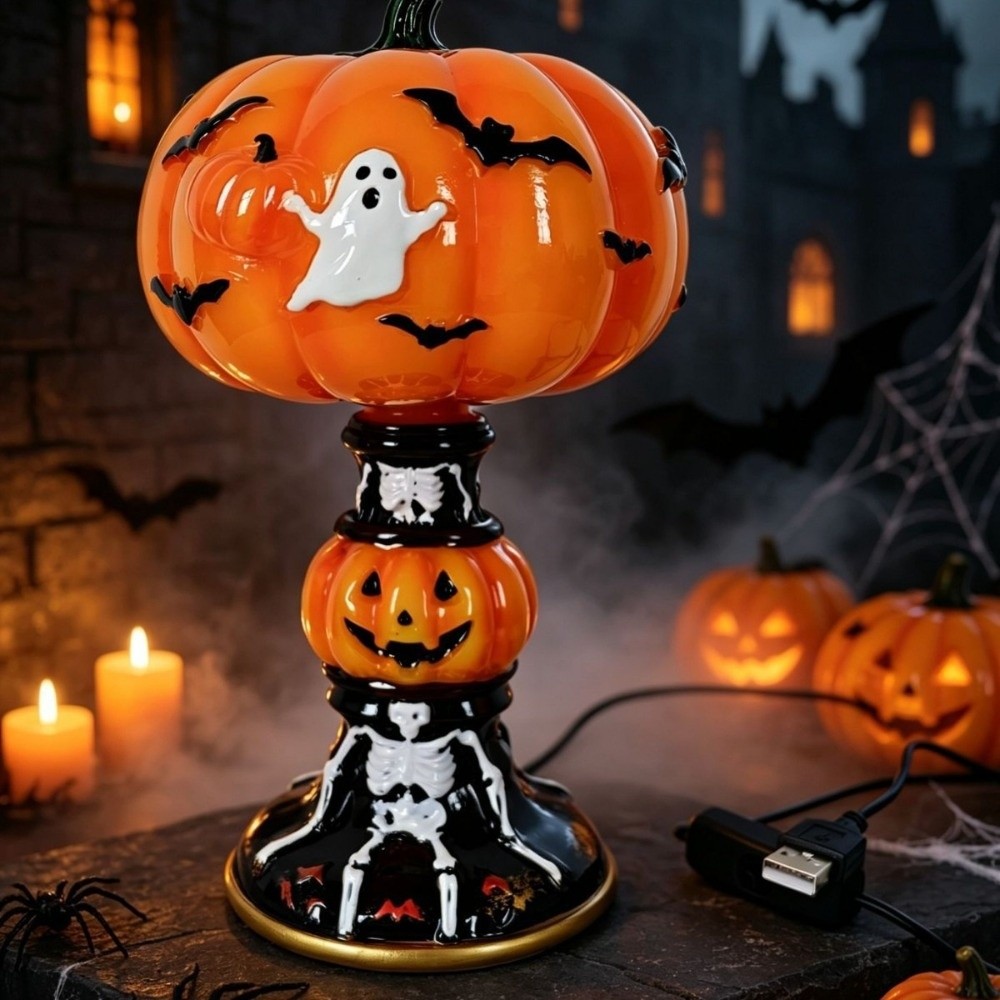 Halloween Night Light USB Powered Handcrafted Resin Pumpkin Lamp Retro Glowing Gothic Halloween Table Lamp Holiday Decor