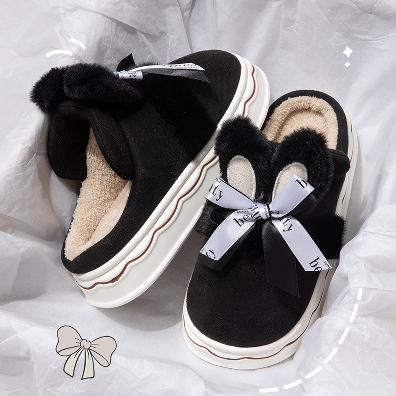 Plush Bow Home Slippers — Black-38to39