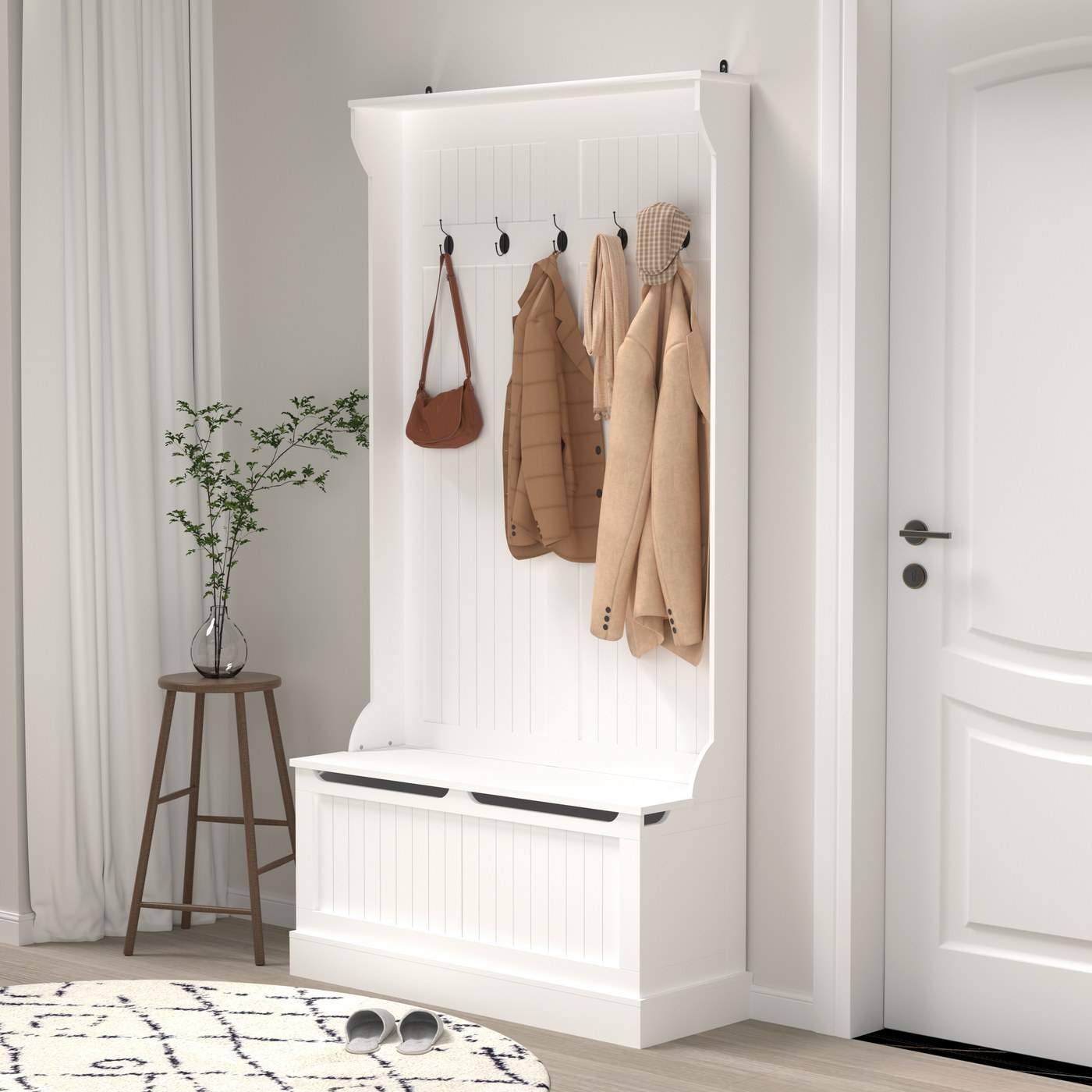 Entryway Bench With Standing Coat Rack, Hall Tree With Shoe Storage Bench, Entryway Organizer With 5 Hooks, White — White