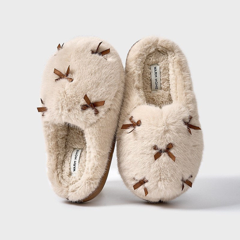 Bow-detail Plush Home Slippers — Milk Tea Color-38to39