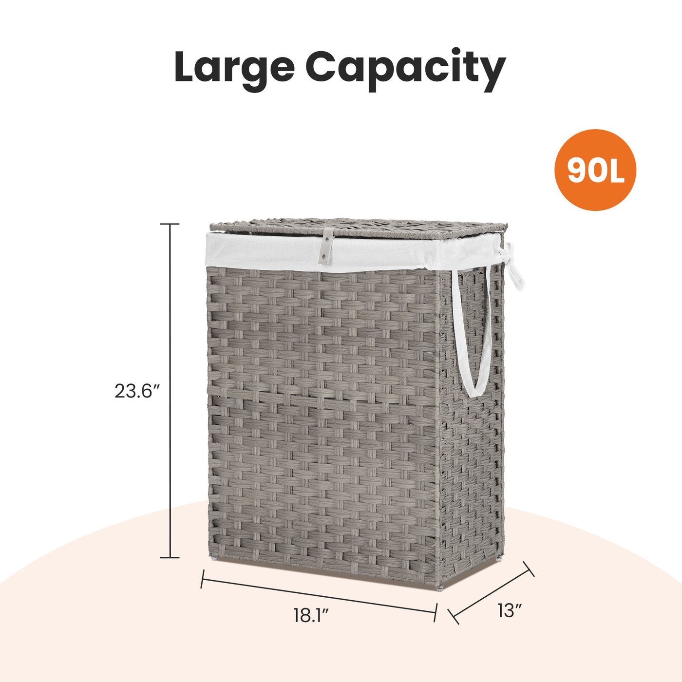 Laundry Basket With Lid, Hand-Woven Pp Rattan Laundry Basket With Compartments & Handles, Foldable, Removable Liner — Gray90L