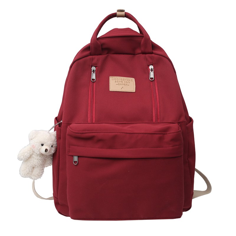 Canvas School Backpack with Bear Pendant — Red-With bear pendant