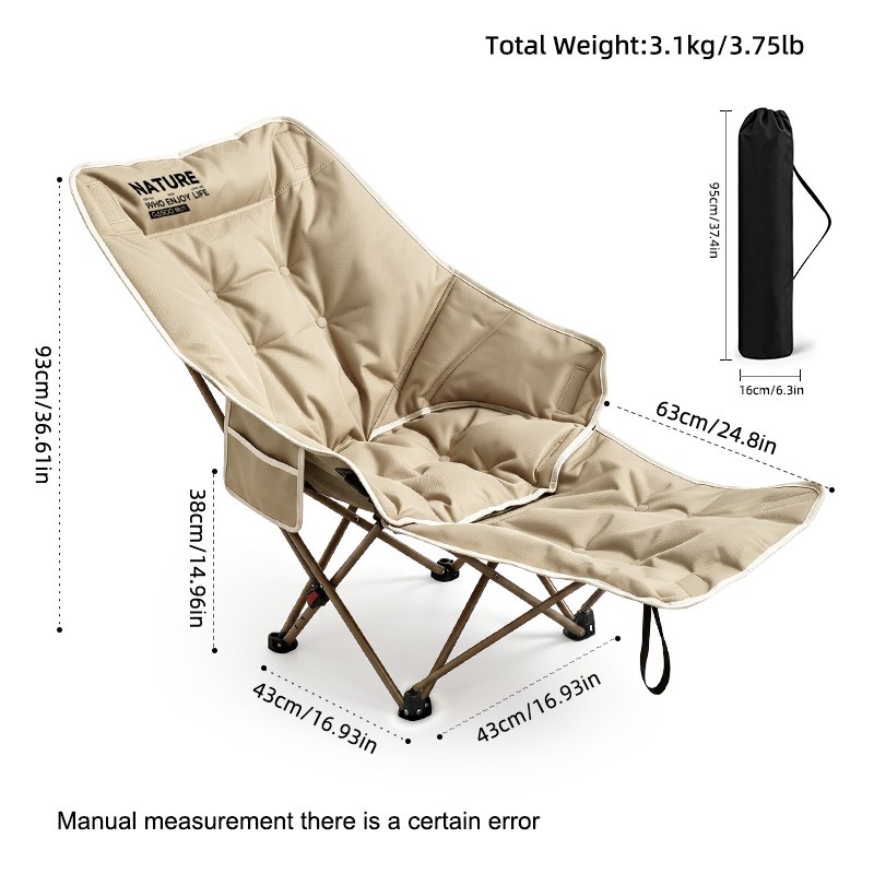 Folding Camping Chair With Detachable Footrest, Padded Reclining Beach Chair, 4 Position Adjustable Portable Outdoor Lounge Chair For Camping Patio Picnic — Khaki