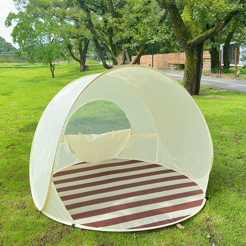 Beach Tent Outdoor Camping Sun Protection Simple Folding Tent Quick-Open Tent For Indoors Outdoors — Beige striped