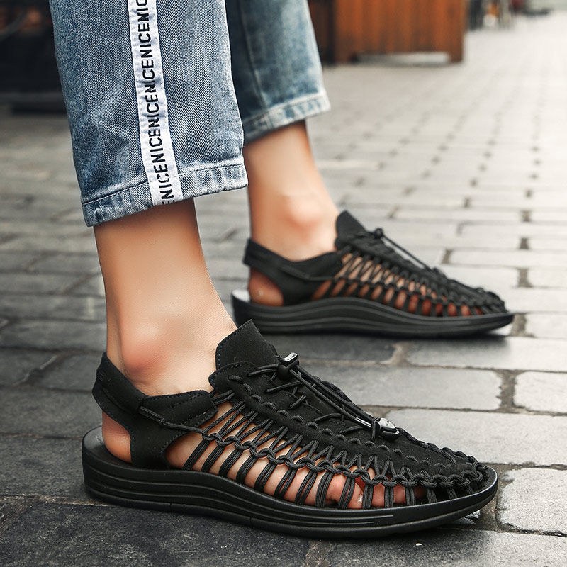 Woven-look Lace-up Sandals — Black-43
