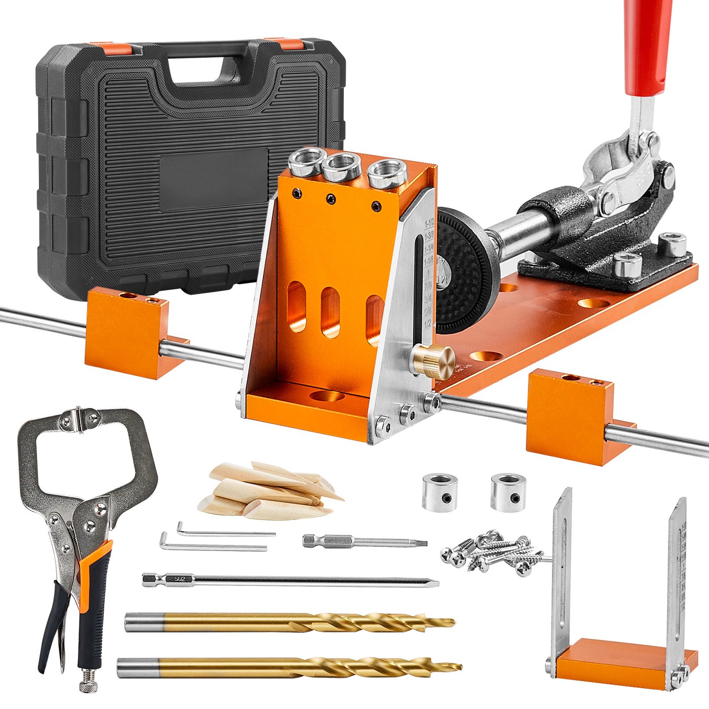VEVOR Pocket Hole Jig Kit, 34 Pcs Pocket Hole Jig System With Fixture, Step Drills, Wrenches, Drill Stop Rings, Square Drive Bits, Toolbox, Adjustable, For DIY Carpentry Projects — Default