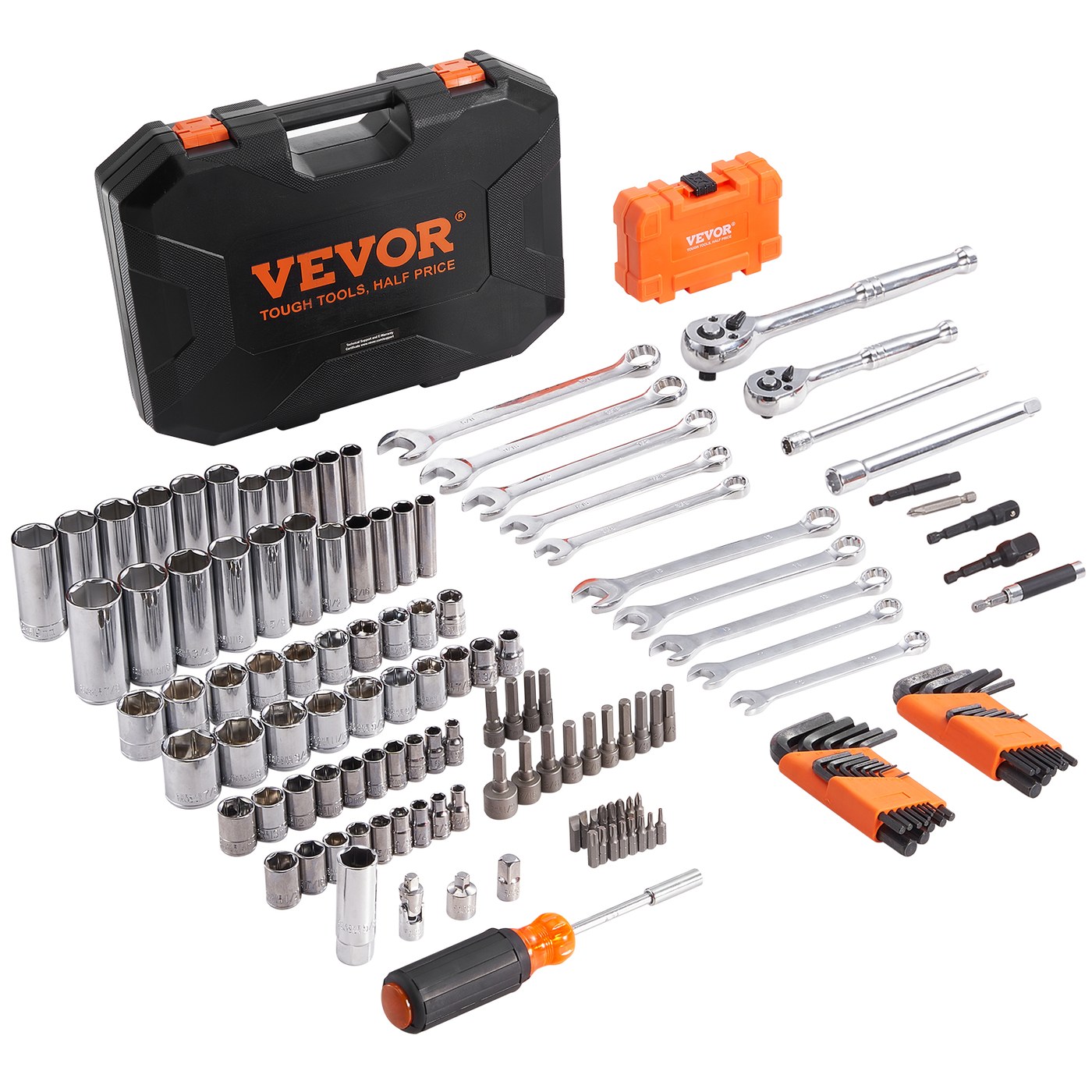 VEVOR Mechanics Tool Set And Socket Set, Drive Deep And Standard Sockets, 145 Pcs SAE And Metric Mechanic Tool Kit With Bits, Combination Wrench, Hex Wrenches, Accessories, Storage Case — Default