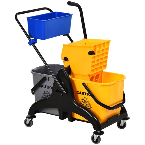 HOMECOM 6.9 Gallon Mop Bucket Swivel Arm Cart With Easy-to-use Side Pressure Swivel Arm Smooth Wheels And Mop Handle Bracket — Yellow