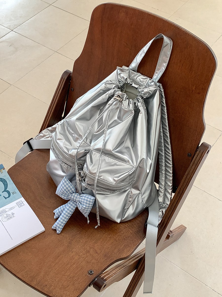 Metallic Nylon Backpack — Silver